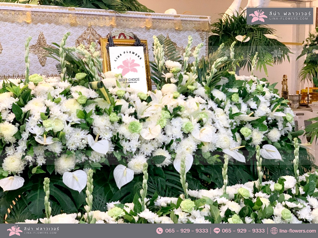 ดอกไม้หน้าศพและสวนสวยๆ จัดสวนงานศพ ดอกไม้หน้าศพแบบเรียบง่าย ดอกไม้งานศพสีขาว