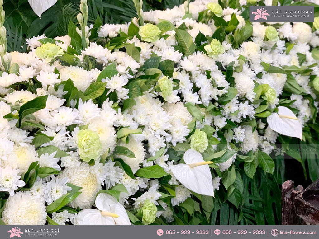 ดอกไม้หน้าศพและสวนสวยๆ จัดสวนงานศพ ดอกไม้หน้าศพแบบเรียบง่าย ดอกไม้งานศพสีขาว